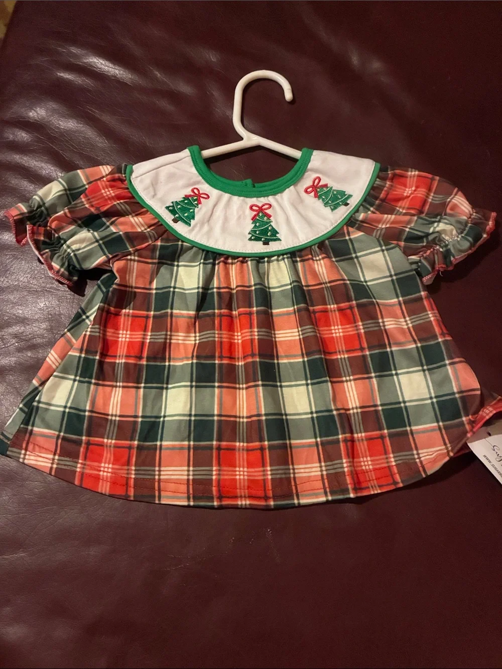 Girls Holiday Plaid Dress with Embroidered Christmas Trees - Green & Red